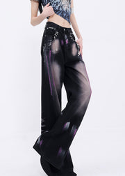 New Black Graffiti Pockets High Waist Denim Straight Pants Fall