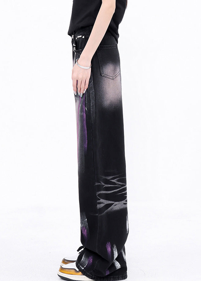 New Black Graffiti Pockets High Waist Denim Straight Pants Fall