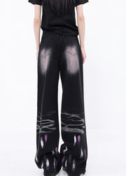 New Black Graffiti Pockets High Waist Denim Straight Pants Fall
