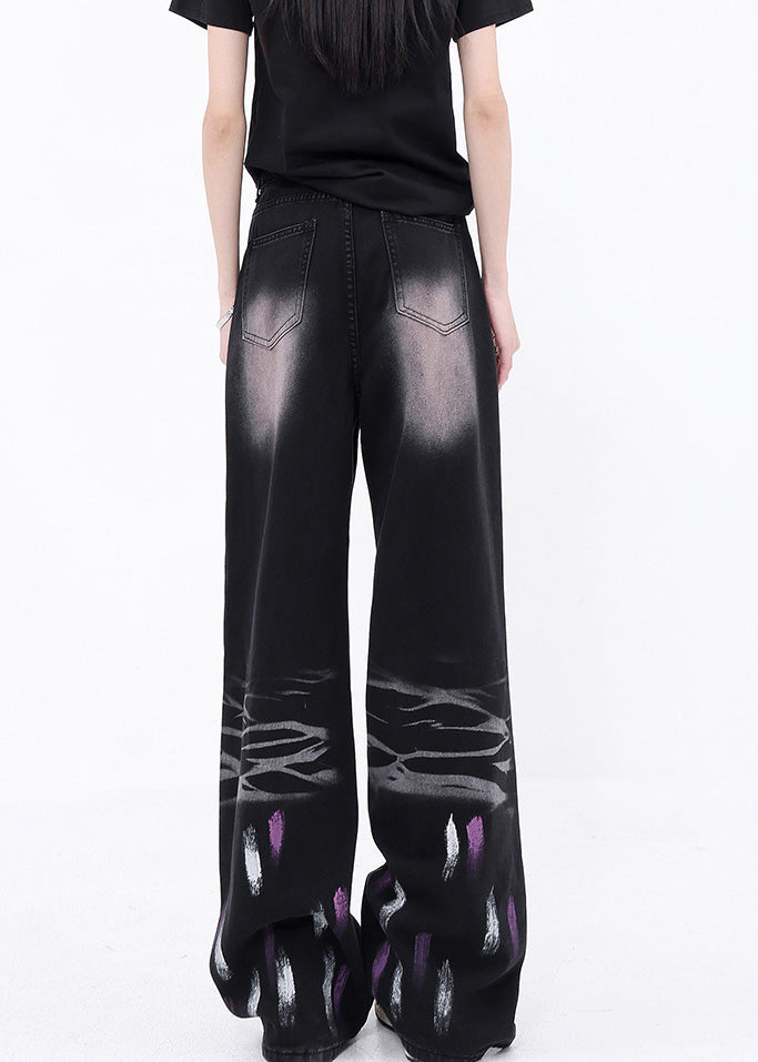 New Black Graffiti Pockets High Waist Denim Straight Pants Fall