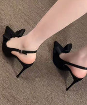 New Black High Heels Pointed Sandals Splicing Bow Zircon