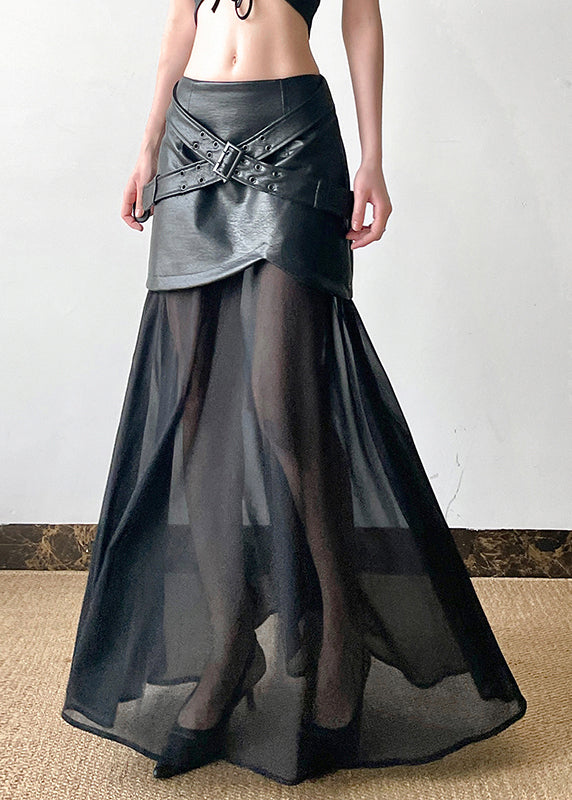 New Black High Waist Tulle Patchwork Faux Leather Skirt Summer