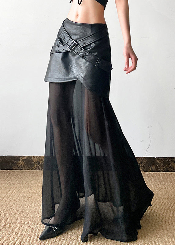 New Black High Waist Tulle Patchwork Faux Leather Skirt Summer