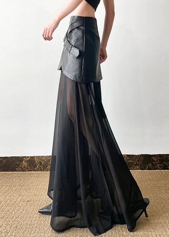 New Black High Waist Tulle Patchwork Faux Leather Skirt Summer
