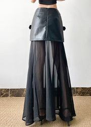 New Black High Waist Tulle Patchwork Faux Leather Skirt Summer