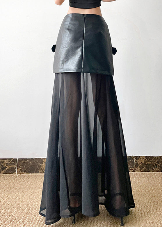 New Black High Waist Tulle Patchwork Faux Leather Skirt Summer