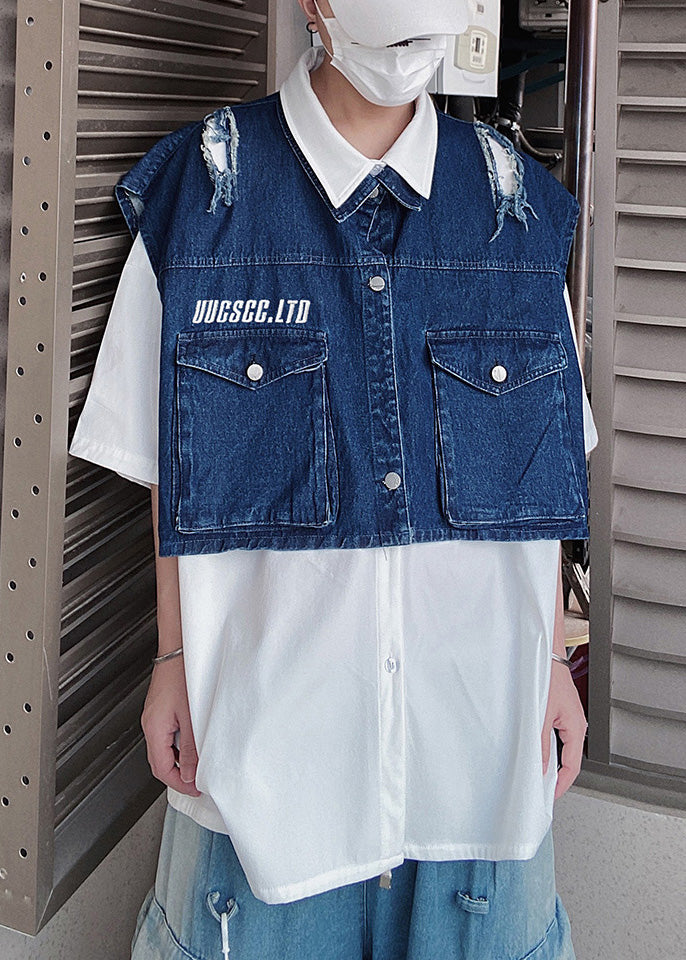 New Black Hole Pockets Denim Men Two Pieces Set Summer