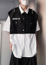 New Black Hole Pockets Denim Men Two Pieces Set Summer