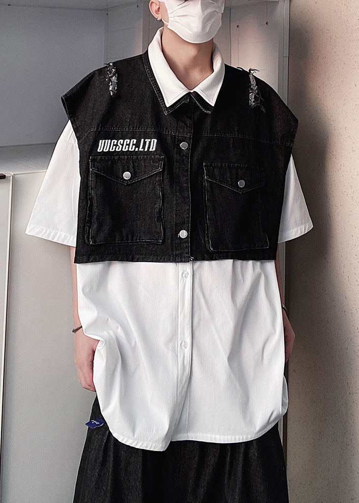 New Black Hole Pockets Denim Men Two Pieces Set Summer
