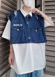 New Black Hole Pockets Denim Men Two Pieces Set Summer