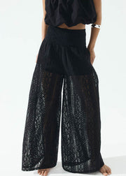 New Black Hollow Out Elastic Waist Lace Wide Leg Pants Summer