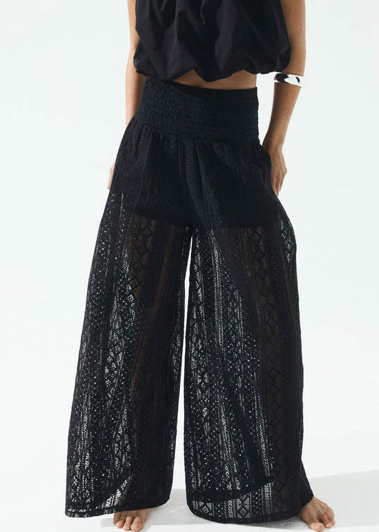 New Black Hollow Out Elastic Waist Lace Wide Leg Pants Summer