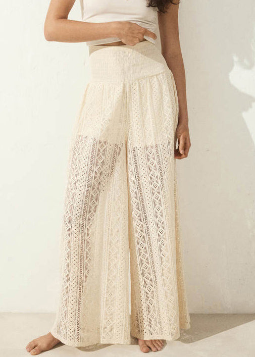 New Black Hollow Out Elastic Waist Lace Wide Leg Pants Summer