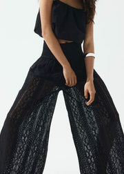 New Black Hollow Out Elastic Waist Lace Wide Leg Pants Summer