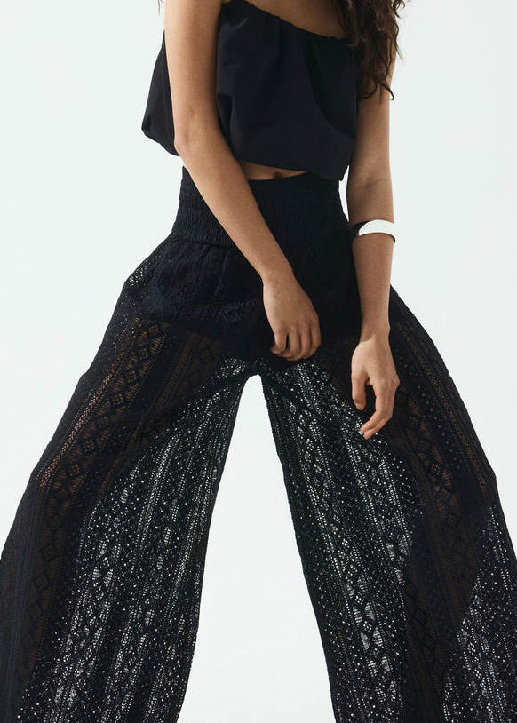 New Black Hollow Out Elastic Waist Lace Wide Leg Pants Summer