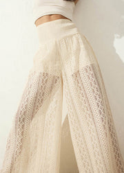 New Black Hollow Out Elastic Waist Lace Wide Leg Pants Summer