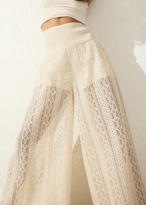 New Black Hollow Out Elastic Waist Lace Wide Leg Pants Summer