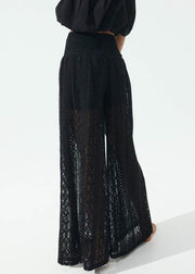 New Black Hollow Out Elastic Waist Lace Wide Leg Pants Summer
