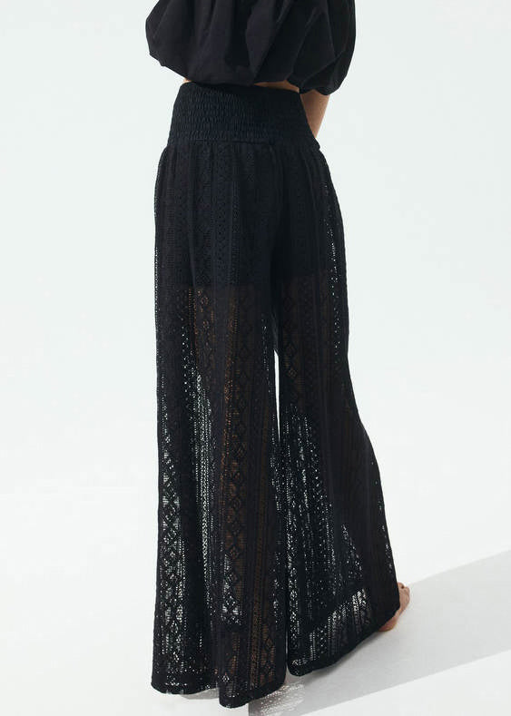 New Black Hollow Out Elastic Waist Lace Wide Leg Pants Summer