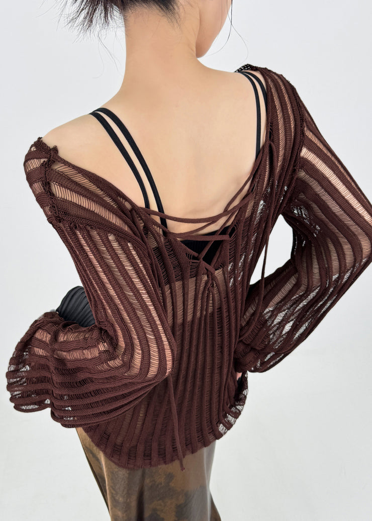 New Black Hollow Out Lace Up Knit Tops Fall
