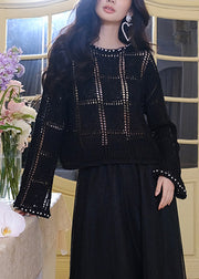 New Black Hollow Out Pearl Zircon Knit Tops Fall