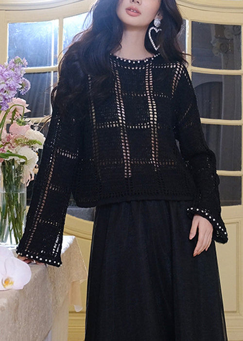 New Black Hollow Out Pearl Zircon Knit Tops Fall