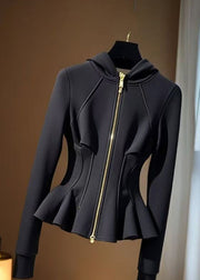 New Black Hooded Zippered Cotton Coats Fall
