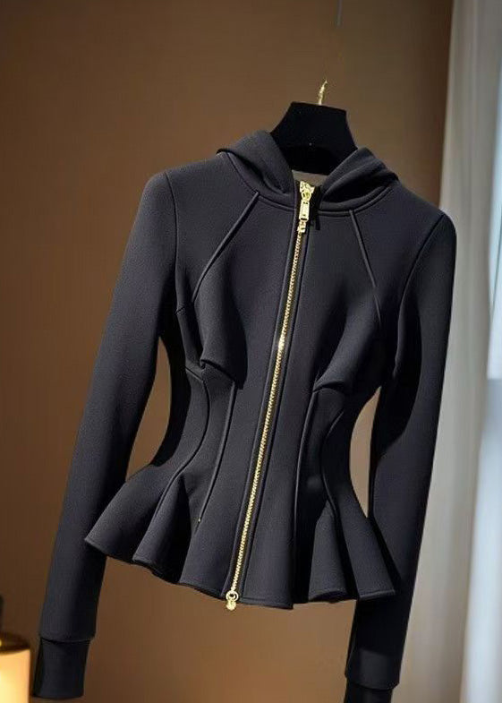 New Black Hooded Zippered Cotton Coats Fall