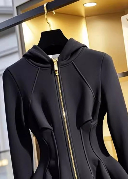 New Black Hooded Zippered Cotton Coats Fall
