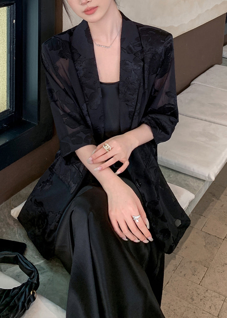 New Black Notched Button Pockets Silk Coat Bracelet Sleeve