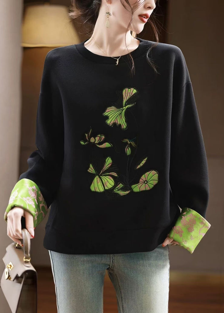 New Black O Neck Embroidered Patchwork Cotton Sweatshirts Fall