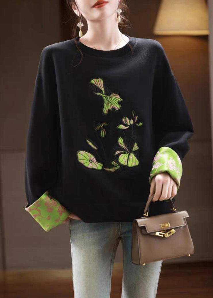 New Black O Neck Embroidered Patchwork Cotton Sweatshirts Fall