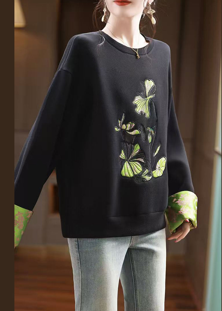 New Black O Neck Embroidered Patchwork Cotton Sweatshirts Fall