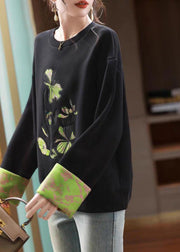 New Black O Neck Embroidered Patchwork Cotton Sweatshirts Fall