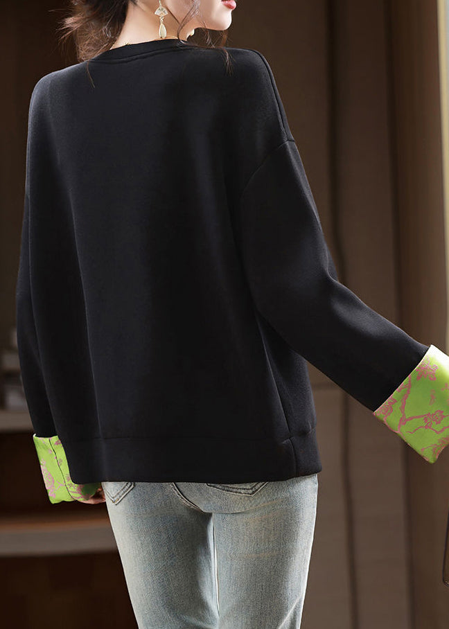 New Black O Neck Embroidered Patchwork Cotton Sweatshirts Fall