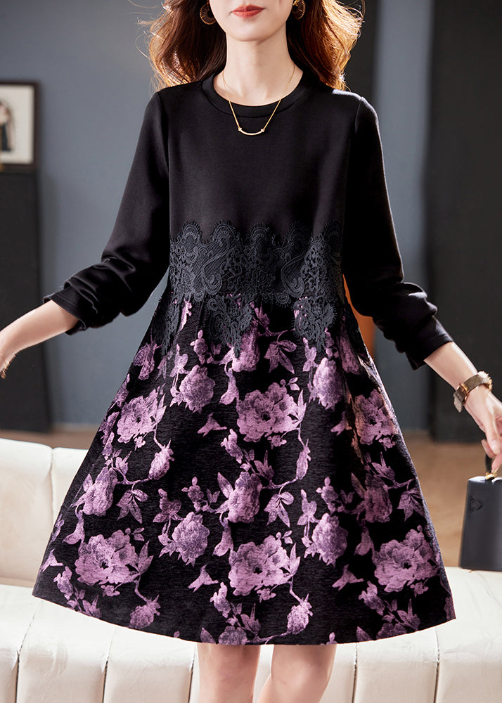 New Black O Neck Lace Patchwork Cotton Dress Fall