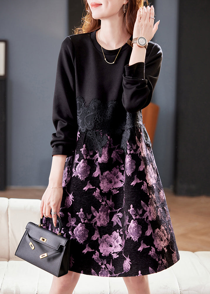 New Black O Neck Lace Patchwork Cotton Dress Fall