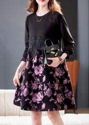 New Black O Neck Lace Patchwork Cotton Dress Fall