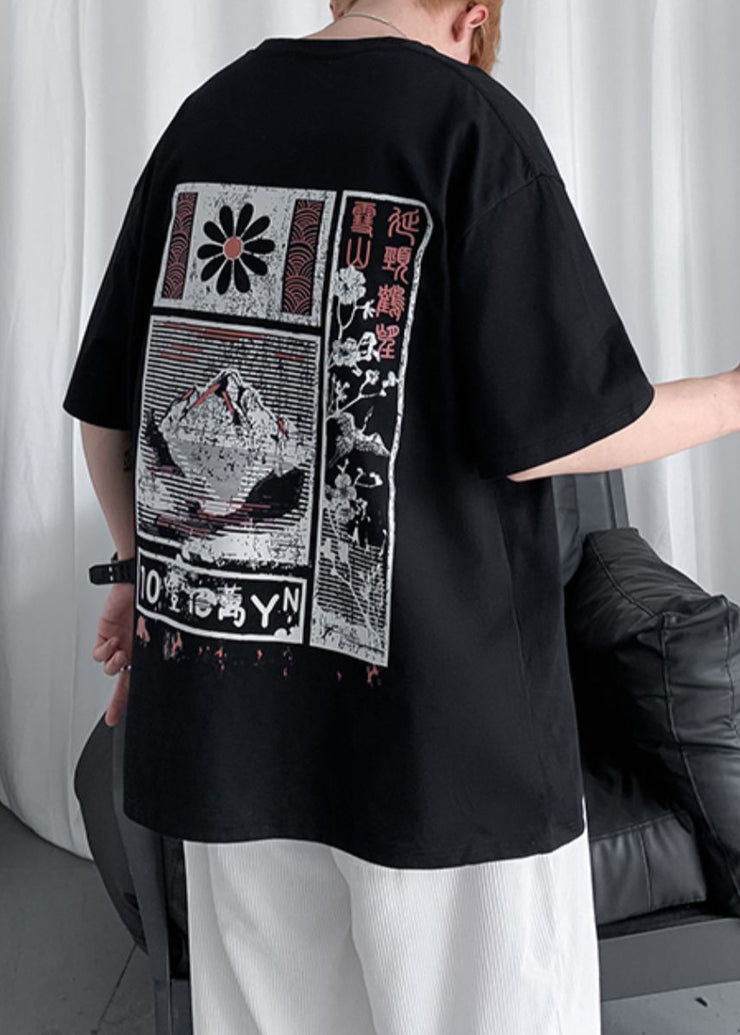 New Black O Neck Print Cotton Mens T Shirt Summer