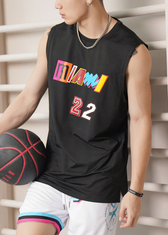 New Black O Neck Print Cotton Mens Tanks Sleeveless