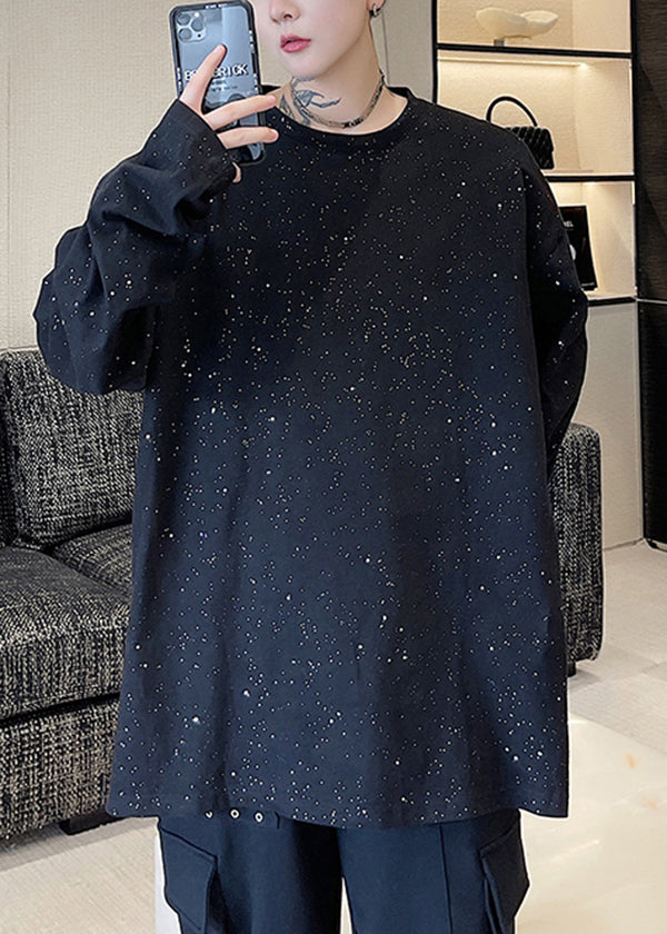 New Black O Neck Sequins Cotton T Shirts Men Apparel Spring