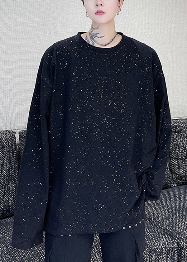 New Black O Neck Sequins Cotton T Shirts Men Apparel Spring