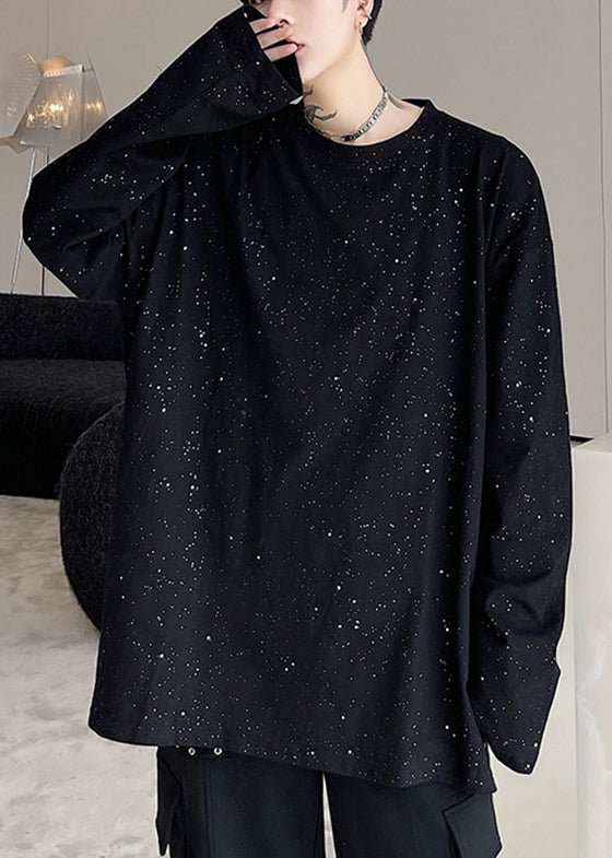 New Black O Neck Sequins Cotton T Shirts Men Apparel Spring