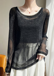 New Black O Neck Thin Patchwork Tulle T Shirts Summer