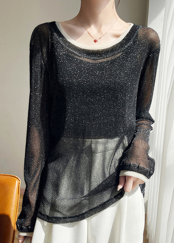 New Black O Neck Thin Patchwork Tulle T Shirts Summer