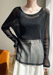 New Black O Neck Thin Patchwork Tulle T Shirts Summer