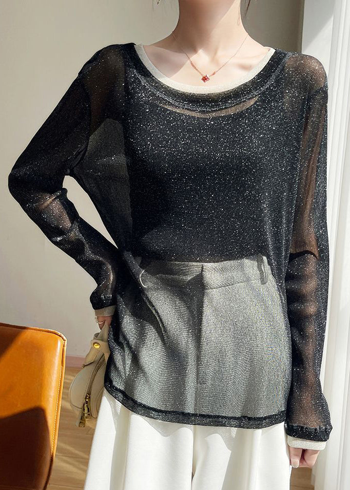 New Black O Neck Thin Patchwork Tulle T Shirts Summer