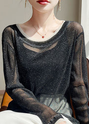 New Black O Neck Thin Patchwork Tulle T Shirts Summer