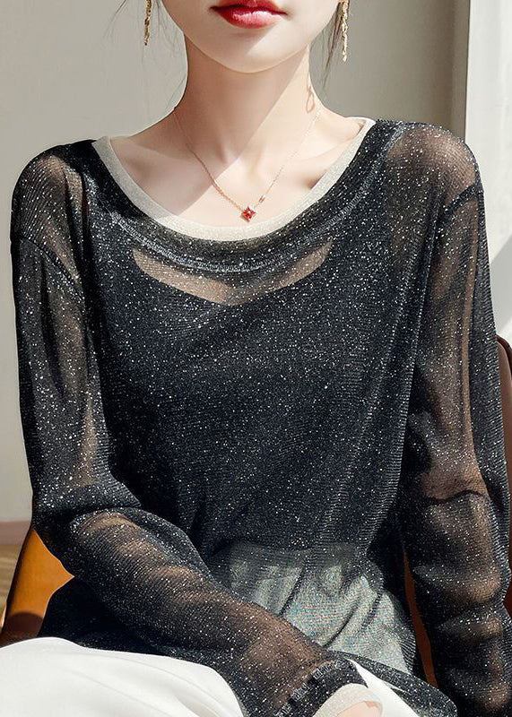 New Black O Neck Thin Patchwork Tulle T Shirts Summer