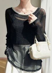 New Black O Neck Thin Patchwork Tulle T Shirts Summer